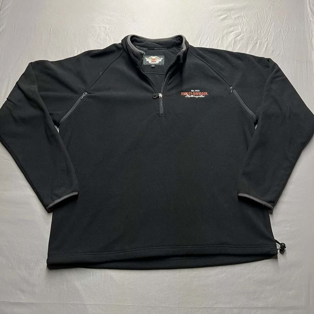 Harley Davidson 1/4 Zip Fleece Pullover Size L Black Motorcycle Y2K biker core